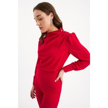 Sateen Düğmeleri Taş Detaylı Bluz - Kırmızı