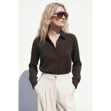 Sateen Çizgi Desen Gömlek - Kahve