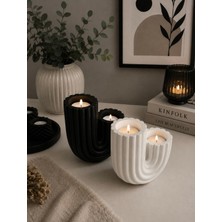 Bubuhomedecor Kaktüs Figürlü Mumluk 2'li Siyah/Beyaz Taş Tozu ile Modern Dekorasyon