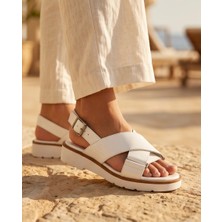 Futsi Shoes Corle Beyaz Hakiki Deri Çapraz Bantlı Kadın Sandalet Ayakkabı