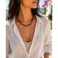 Sinem Şanlı Atelier Mercan Kırmızı Lav Taşı Kolye Deniz Temalı Charm Detaylı