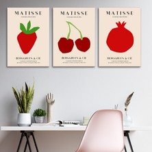Tilki Dünyası Henri Matisse 3'lü Kanvas Tablo Seti - Kırmızı Meyve Temalı (Çilek, Kiraz, Nar) Modern Duvar Tablosu Seti