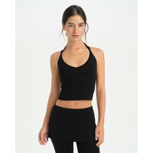 Ayma Active Siyah EcoVero™ Viskoz Göğüs Pedli Boyundan Bağlamalı Çift Askılı Halter Bluz