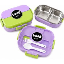 Muzeko Lunch Box 2 Bölmeli Paslanmaz Çelik Yemek Kabı Sızdırmaz Kapaklı, Taşınabilir Beslenme Kabı Çatak Kaşık Hediyeli 6204 Lila 1000ML