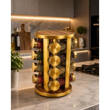 Zürih Collection Dönerli Oval Ahşap Cam Kavanozlu Baharatlık Seti 16'li Gold Renk