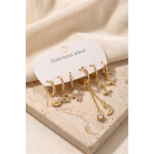 Oghamay 316L Çelik Gold Renk Zincir Detaylı Zirkon Taşlı Kadın Küpe Seti