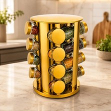 Zürih Collection Dönerli Metal Yuvarlak Cam Kavanozlu Baharatlık Seti 16'li Gold Renk Altın Sarısı
