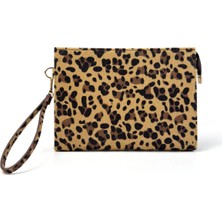Glondy Sasha Leopar Desenli Suni Deri Clutch Kadın Portföy El Çantası