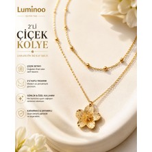 Luminoo 2’li Çiçek Kolye Gold Renk Katmanlı Zarif Şık Kadın Kolye Takı Seti Günlük Özel Gün Hediyelik