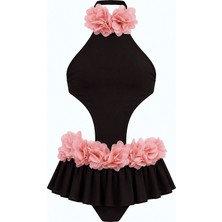 Lovekini Bendis Black Kids Swimsuit With Pink Chiffon Flowers Straps