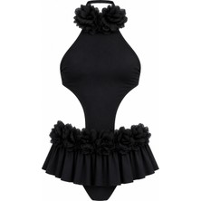 Lovekini Bendis Black Kids Swimsuit With Pink Chiffon Flowers Straps