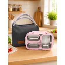 Aesco Pembe Renkli 304 Paslanmaz Çelik 3 Bölmeli Lunch Box, Termal Çantalı