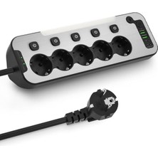 Aesco 5'li Işıklı Akım Korumalı Priz, 2 Metre Kablo ve USB Girişleri ile