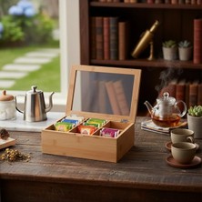 Aesco Deconox Bambu 6 Bölmeli Çay Kutusu -%100 Orjinal Bambu Mıknatıslı Kapak 21X16,5 X7CM