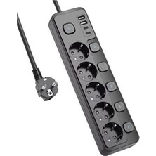 Aesco Akım Korumalı Uzatma Kablosu, 5 Priz ve 4 USB Girişi ile 2 Metre