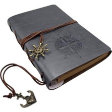 Aesco Özel Tasarım Gri Deri Günlük Defter, Vintage Pusula
