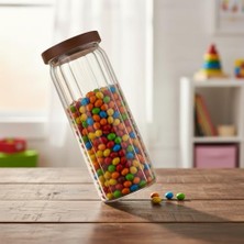 Aesco Deconox Akasya Kapaklı Uzun Çizgili Cam Kavanoz (1250 Ml) | Hava Geçirmez, Modern Fitilli Tasarım Gıda Saklama Kabı | Makarna, Bakliyat, Kahve ve Çay Kavanozu (9X25 Cm)