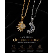 Luminoo Ay ve Güneş 2’li Çelik Kolye Seti 316L Paslanmaz Zirkon Taşlı Çift Kolye
