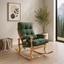 Aesco Ahşap Sallanan Sandalye Tv Dinlenme Emzirme Baba Okuma Koltuğu Ergonomik Minderli Çift Cepli Yeşil