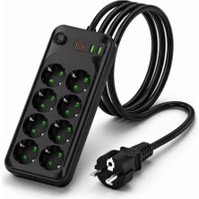 Aesco Akım Korumalı 8’li Priz, Usb-C & Usb-A Hızlı Şarjlı Çoklu Priz, 16A 4000W Yüksek Güç, 2 Metre Kalın Kablo, Çocuk Korumalı Anahtarlı Priz, Yoğun Kullanım Için Profesyonel Power Strip
