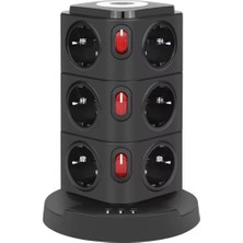Aesco Tower Tipi Akım Korumalı Priz - 12 Prizli ve 4 USB Girişli, Bireysel Anahtarlı, Kısa Devre Koruma, Masa Üstü Dikey Tasarım - Ev ve Ofis Için Düzenli Çözüm