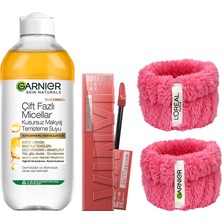 Aesco Garnier Skin Naturals Çift Fazlı Micellar Kusursuz Makyaj Temizleme SUYU(400ML)&MAYBELLINE New York Super Stay Vinyl Ink Uzun Süre Kalıcı Likit Parlak Ruj 15 Peachy + Hediye Havlu Bileklik 2'li Set