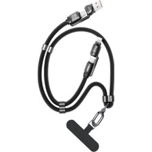 Aesco Bix 240W Usb-A ve Usb-C ve Lightning Çok Fonksiyonlu Askı Ipli Premium Örgü 1.5 Metre Yüksek Hızlı Şarj ve Veri Kablosu Siyah