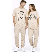 Mondschein Sevgili Kombini Çift Tişört Oversize Unisex Matching Couple Minimal Çizim Tasarım Çift Kombin Seti