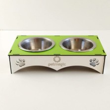 Aesco Petmagic 2'li Mama Kabı Ikili Ahşap - Çelik Kap (Yeşil Beyaz)