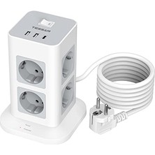 Aesco Tessan Çok Çoklu Soket Ameliyat Koruması 3600W 16A, 8 Bölüm Soket Stripi USB C Çoklu Eklentisi, 2m Uzantı Kablo ile Strip Ekle, Evde Soket Kulesi Dağıtım Soketi, Gri