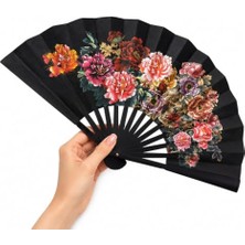 Aesco Katlanabilir El Yelpazesi Siyah Çiçek Desenli Japon Yelpazesi Taşınabilir El Fanı Yazlık Serinletici Dekoratif Dans ve Davet Aksesuarı 47X26 cm