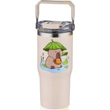 Aesco Diller 950ML Sevimli Kapibara Tumbler Pipetli/pipetsiz Kullanım Kulplu Paslanmaz Çelik Capybara Termos