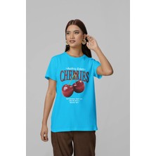 Mondschein Unisex Erkek/kadın Cherrıes Özel Baskılı Oversize Pamuklu Bisiklet Yaka T-Shirt