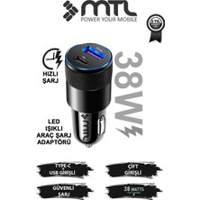Aesco Mtl Araç Şarj Aleti Çakmaklık 38W Type-C + USB Çift Portlu - Qualcomm Qc 4.0 Desteği MT-A1833 Siyah ile Uyumlu
