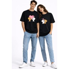 Mondschein Sevgili Kombini Ayıcık Kalp Baskılı Çift Tişört Oversize Unisex Partner Kombin Seti