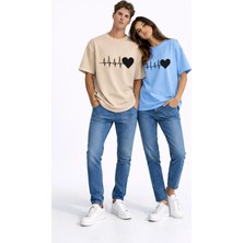 Mondschein Sevgili Kombini Kalp Ritmi Baskılı Çift Tişört Oversize Unisex Partner Kombin Çift Seti