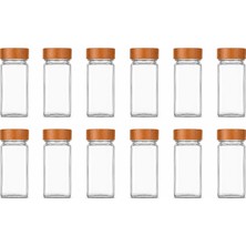 Aesco Bambu Kapaklı Cam Baharatlık Seti 12 Adet, Şeffaf Kare Baharat Kavanozu, Plastik Delikli Iç Kapaklı Kontrollü Döküm Sistemi, 11X4X4 cm Mutfak Düzenleyici Baharat Saklama Kabı Seti