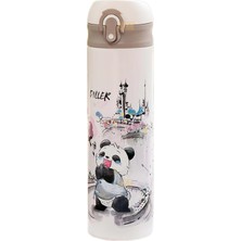 Aesco Vagonlife Diller 480ML Sevimli Hayvanlar Desenli Pipetli Kilitlenebilir Kapak Paslanmaz Çelik Termos (Panda)