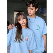 Mondschein Sevgili Kombini Mini Dinozor Baskılı Çift Tişört Oversize Unisex Çift Kombin Sevimli Çift Set