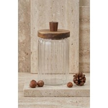 Aesco Atbyhome Ahşap Kapaklı Borosilikat Cam Saklama Kabı 700 ml - Oluklu Cam Kavanoz