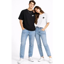 Mondschein Sevgili Kombini Minimal Uzay Gezegen Baskılı Çift Tişört Oversize Unisex Partner Tişört 2'li Set
