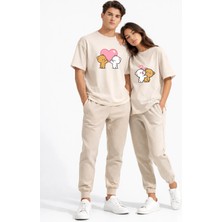 Mondschein Sevgili Kombini Ayıcık Kalp Baskılı Çift Tişört Oversize Unisex Partner Kombin Seti
