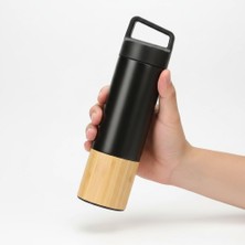Aesco Deconox 600 ml Bambu Tabanlı Kulplu Çelik Termos Mug - 5 Renk Seçenekli Sıcak/soğuk Tutucu Seyahat Bardağı (Siyah)