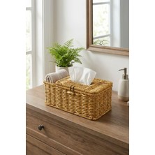 Aesco Buffer Bölmeli Kapaklı Doğal Rattan Görünümlü Hasır Organizer Sepet, Peçetelik, Makyaj ve Takı Düzenleyici, Plastik, 24X10X10 cm