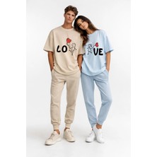 Mondschein Sevgili Kombini Love Baskılı Çift Tişört Oversize Unisex Partner Kombin Seti