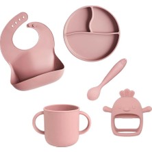 Aesco Meleni Baby 5'li Set Silikon Mama Önlüğü Kulplu Bardak Vakumlu Tabak Mama Kaşığı ve Bebek Diş Kaşıyıcı Pembe