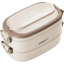 Aesco Vagonlife Bento 1140ML Lunchbox 2 Katlı 4 Bölmeli Mini Kaseli Çelik Sefer Tası Yemek Kutusu (Bej)