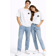 Mondschein Sevgili Kombini Minimal Uzay Gezegen Baskılı Çift Tişört Oversize Unisex Partner Tişört 2'li Set