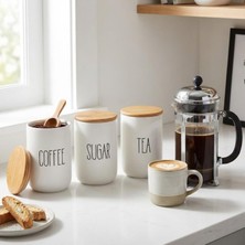 Aesco Amberhaus 3'lü Bambu Kapaklı Seramik Kavanoz Seti - Vakumlu Çay Şeker Kahve Saklama Kabı - Coffee Sugar Tea Yazılı Beyaz Baharatlık (700 Ml)
