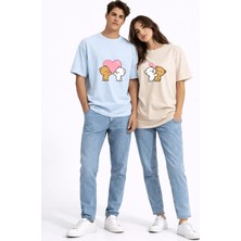 Mondschein Sevgili Kombini Ayıcık Kalp Baskılı Çift Tişört Oversize Unisex Partner Kombin Seti